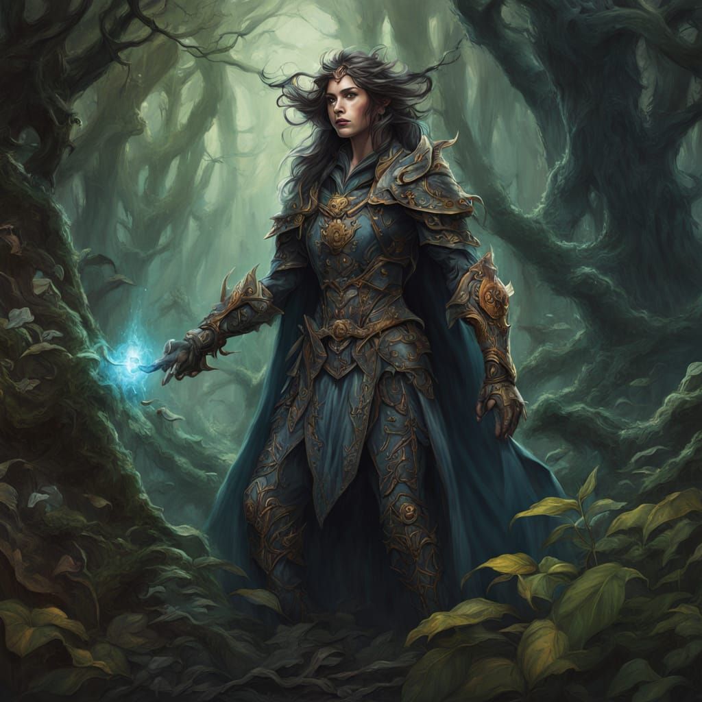 Mature Elf Druid Oil Painting in Ancient Forest