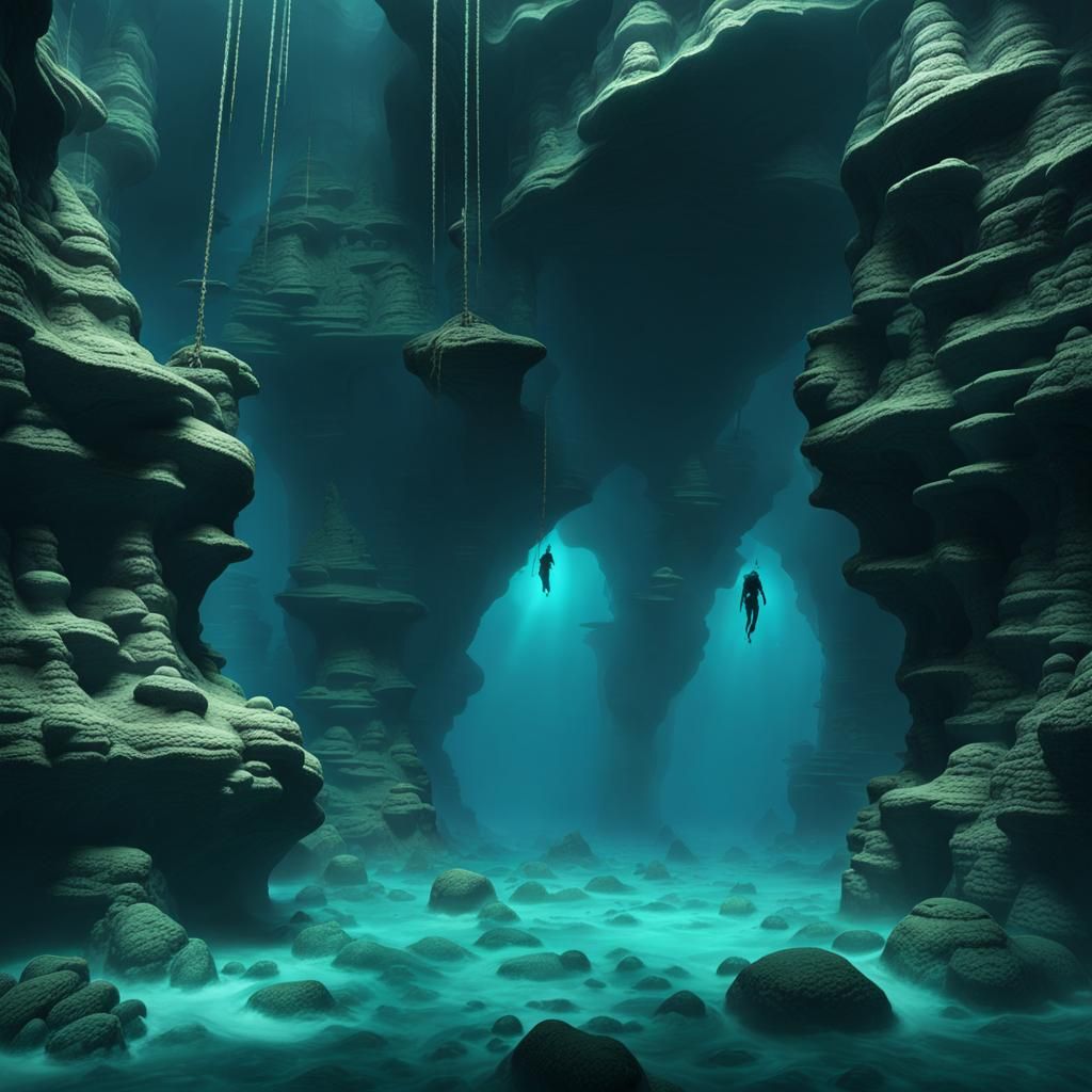 Eerie Underwater Cave with Shipwreck and Diver