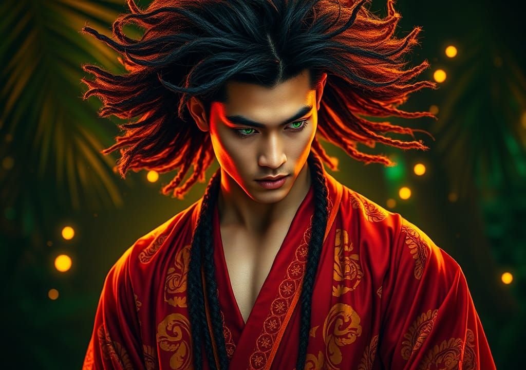 Asian Man in Peacock Makeup in Lush Meadow