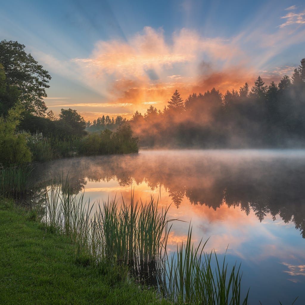 Magical Lighting and Reflections Over a Misty Lake