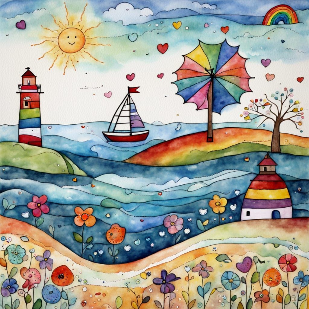 Sailboat Under Rainbow in Folk Art Style
