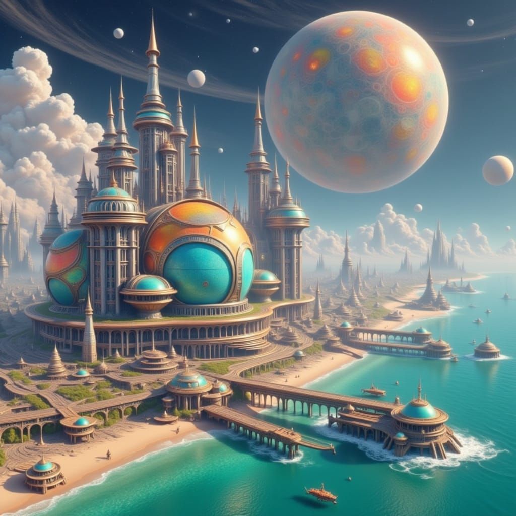 Iridescent Alien Cityscape with Retrofuturistic Spaceships