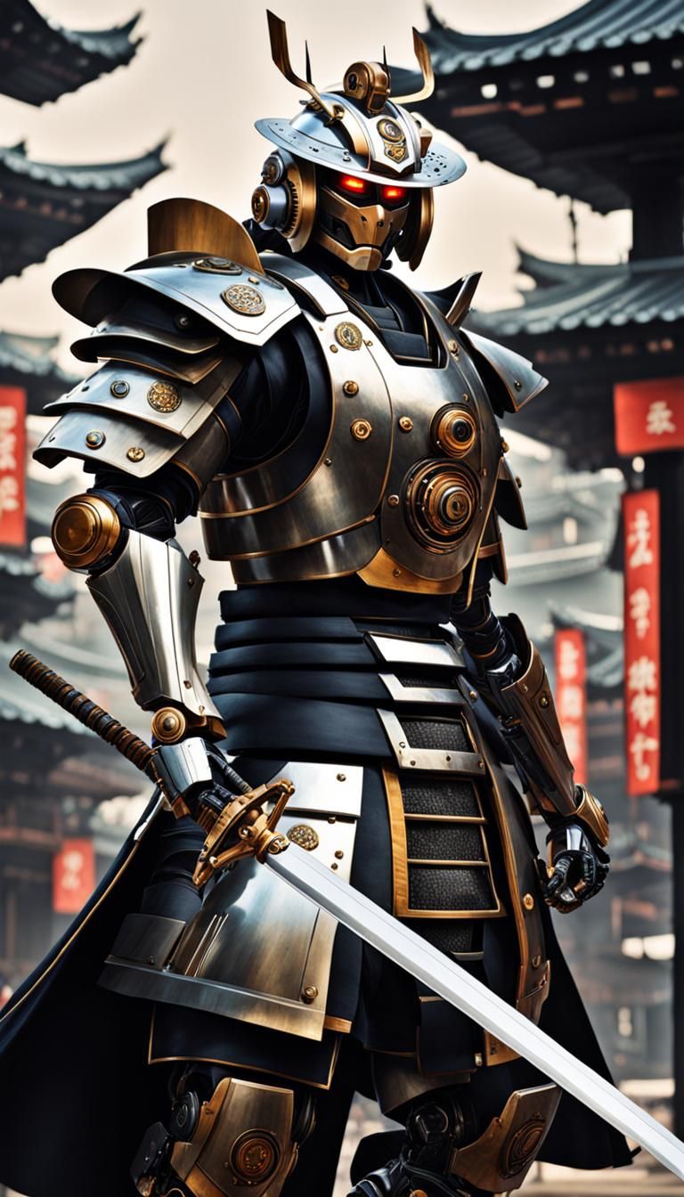 Robotic Samurai Warrior Ready to Attack: Ukiyo-e Style
