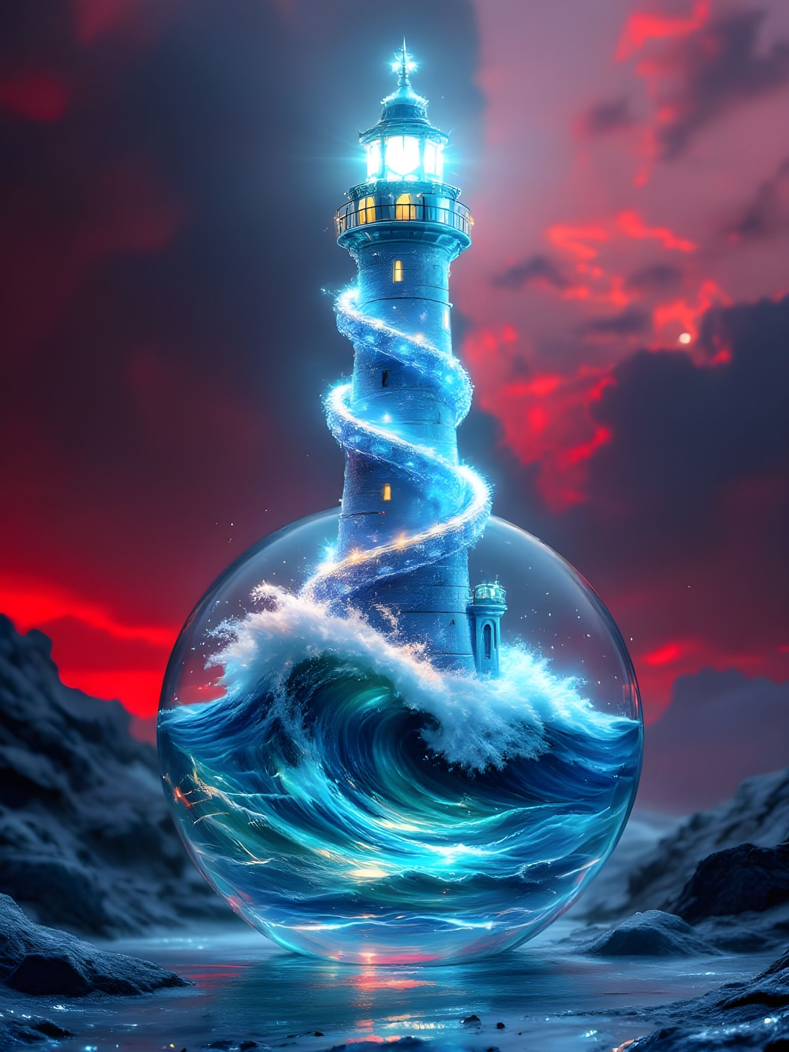Surreal Spiraling Lighthouse in Snowglobe, Hyperrealistic Ar...