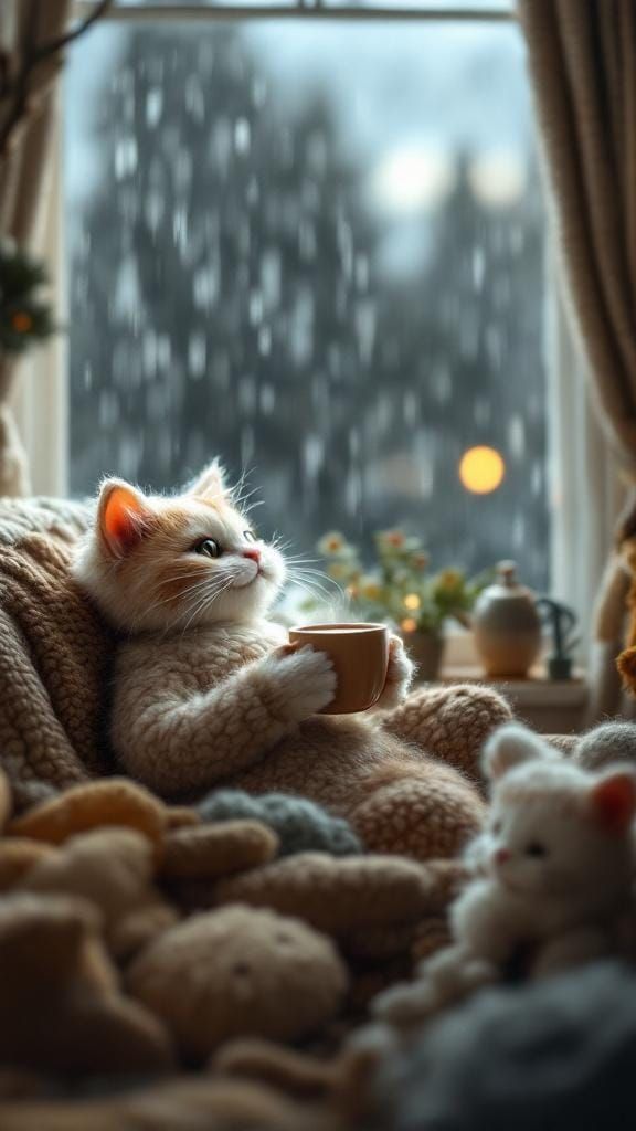 Needle-Felted Cat Sipping Cocoa in Yarn Lounge