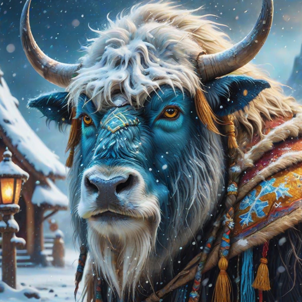 Wizard and Yak Brave Blizzard as Oil Painting