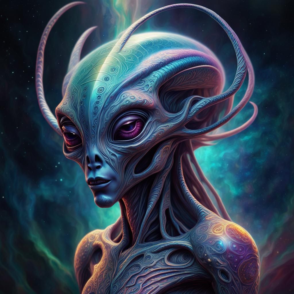 Astral Hooded Alien Creature in Mixed Media