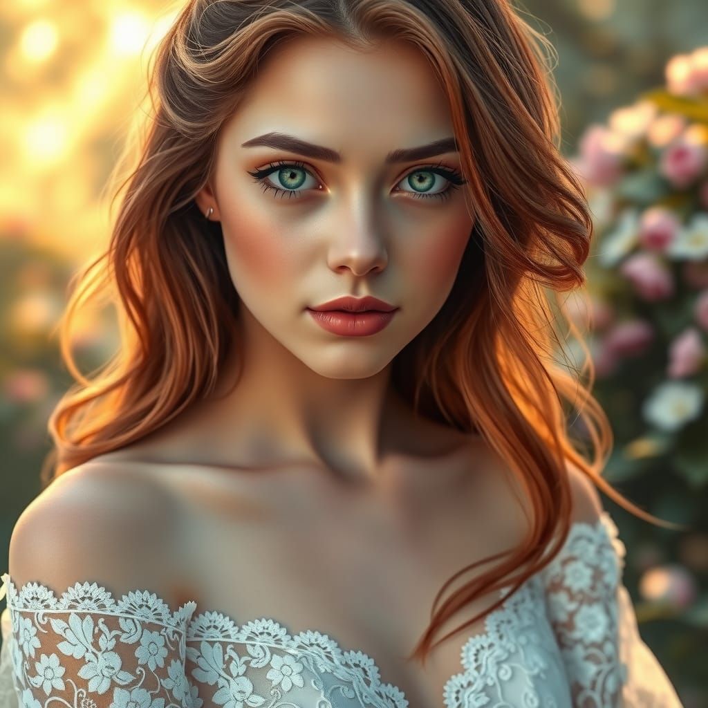 Hyperrealistic Portrait of Woman in Lace Gown