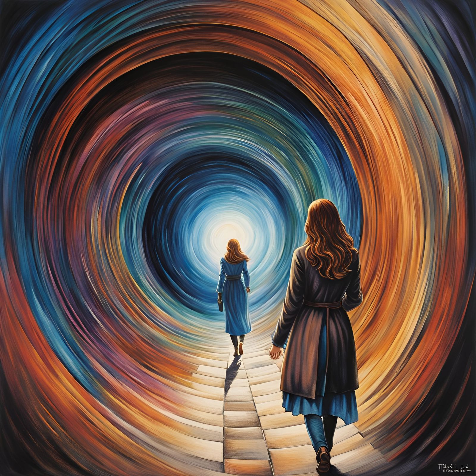 Woman Enters Time Tunnel in Watercolor Style