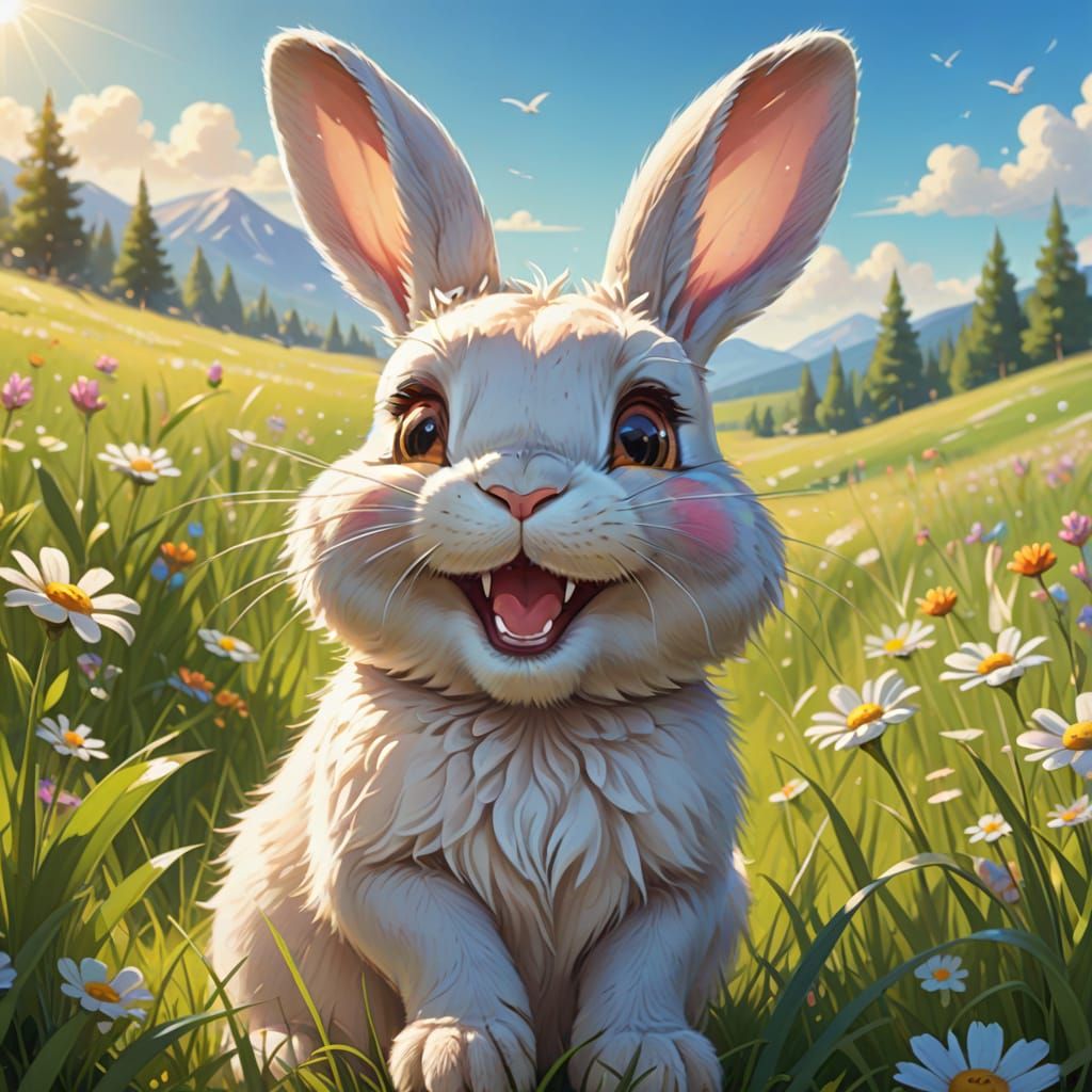 Laughing Bunny in Sunny Meadow: Digital Art