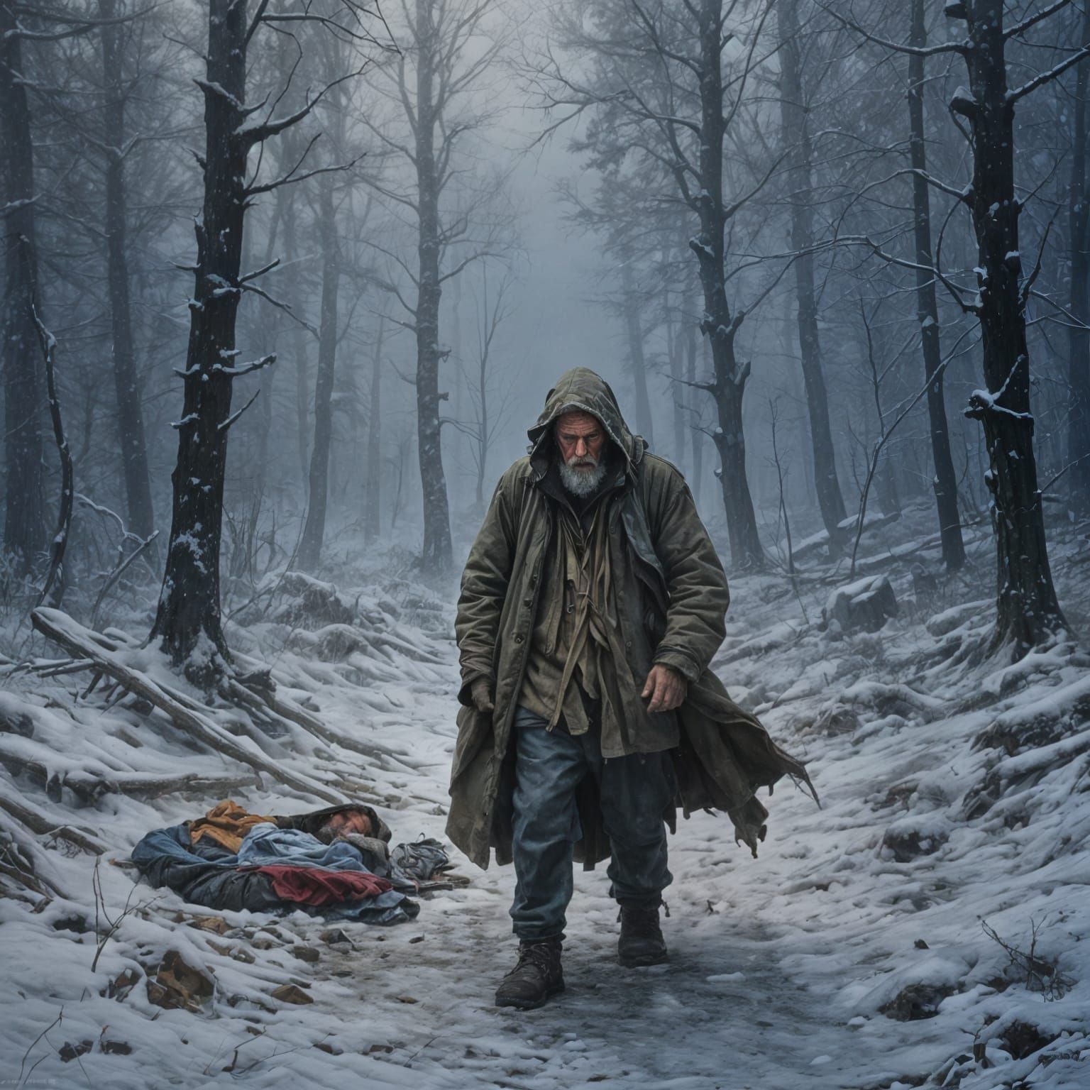 Homeless Man's Blizzard Struggle: Oil Painting