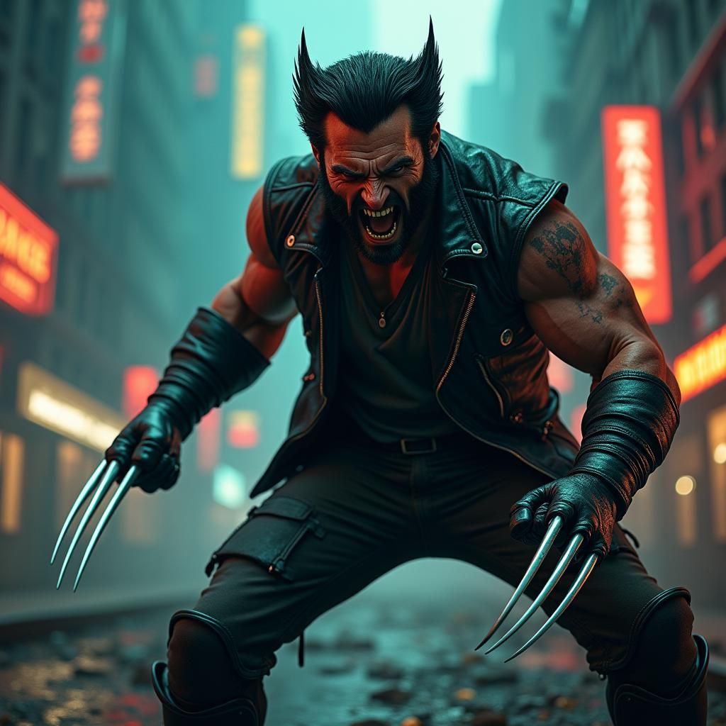 Wolverine in Dystopian Cityscape with Neon Accents