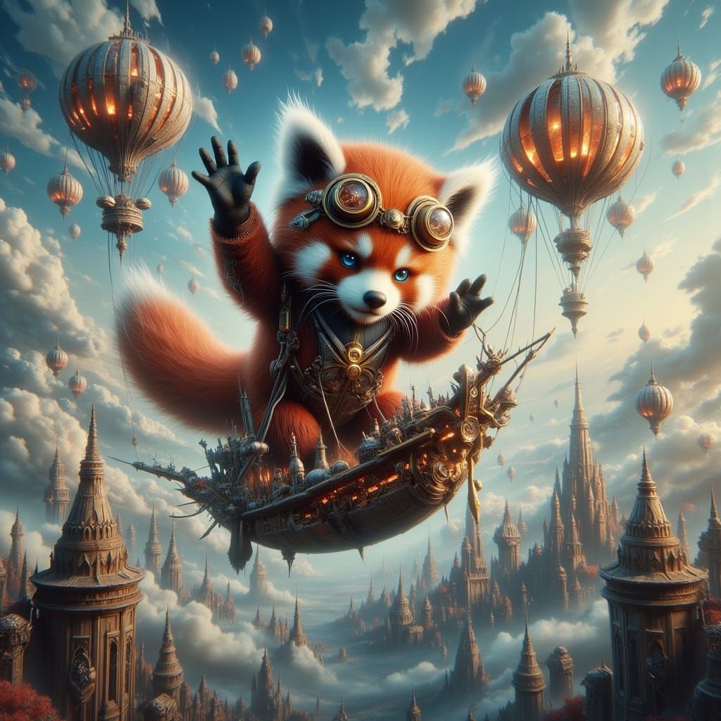 Steampunk Red Panda Pilots Dirigible Over Gear City