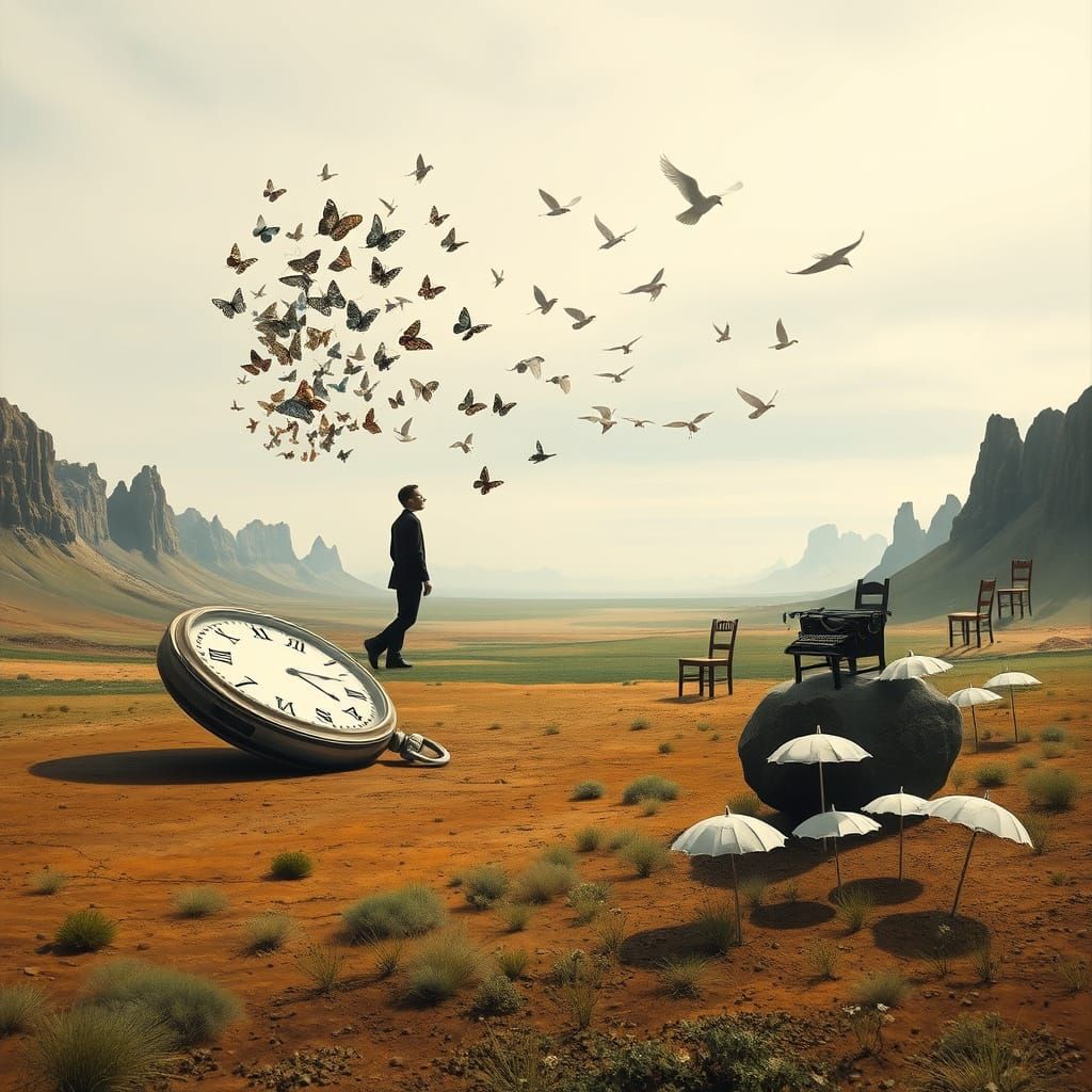 Surreal Valley Landscape with Giant Watch and Paper Figure