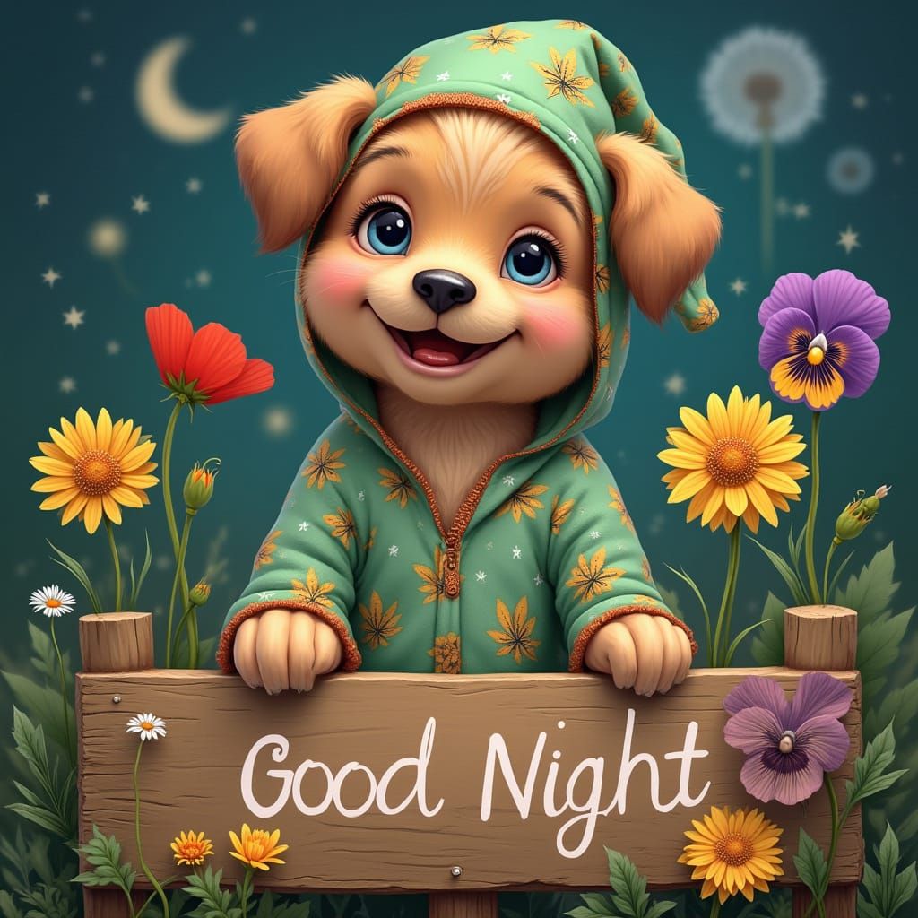 Puppy in Pajamas Among Floral Meadow at Night