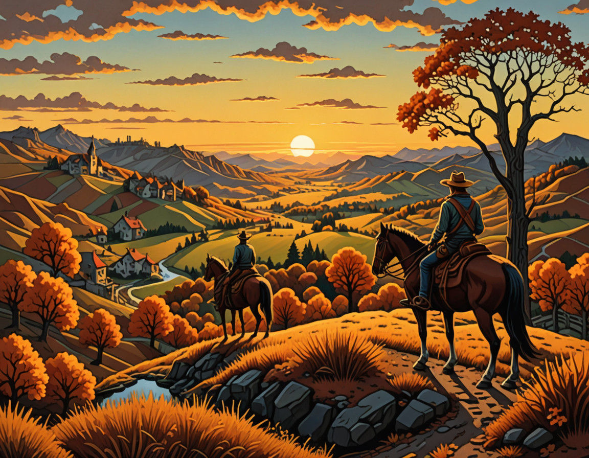 Surreal Autumn Cowboy Amid Escher-Style Landscape at Sunset