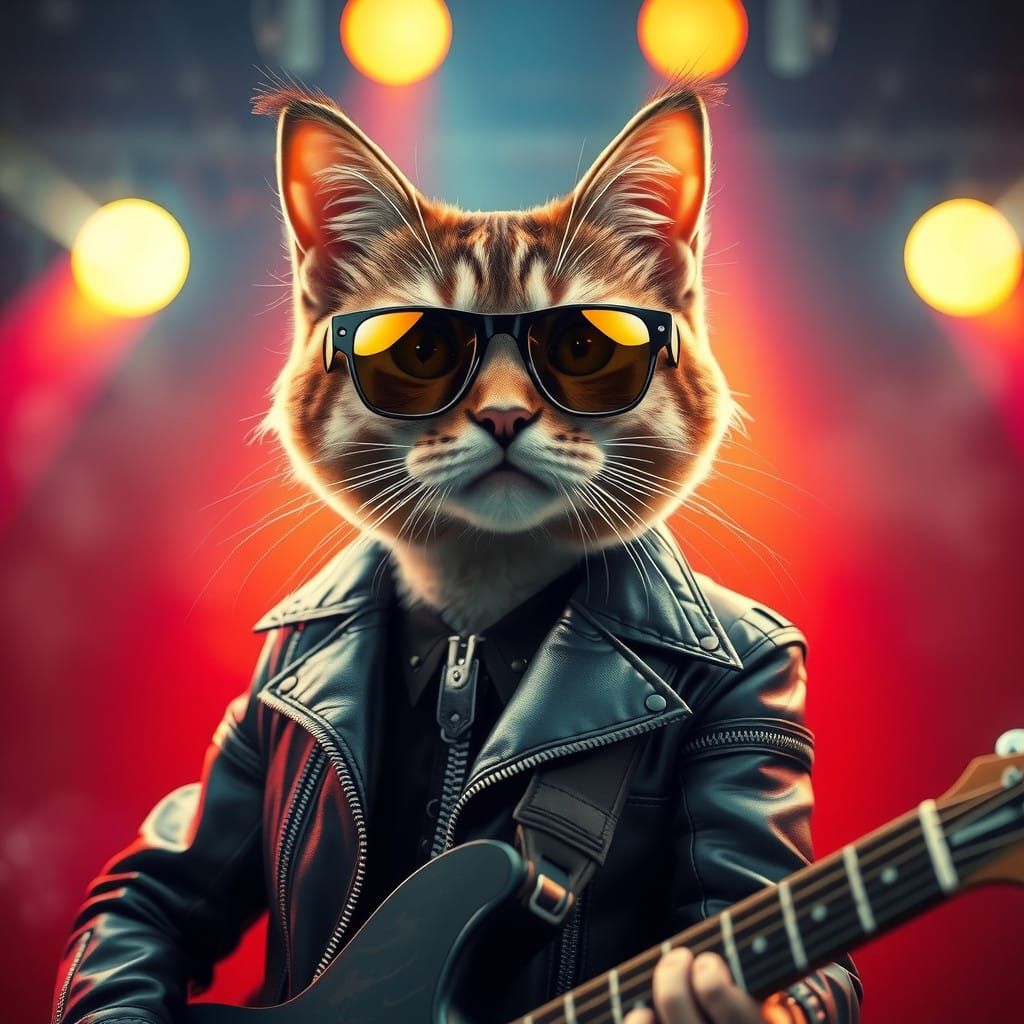 Rockstar Feline Icon in a Vibrant Concert Setting
