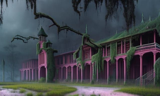 Eerie Overgrown University Landscape: Photo-Realistic Horror