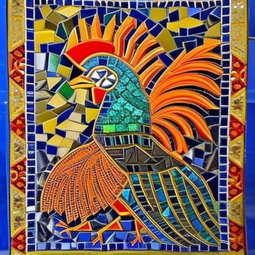 Vibrant Rooster Mosaic in Byzantine Tile Art