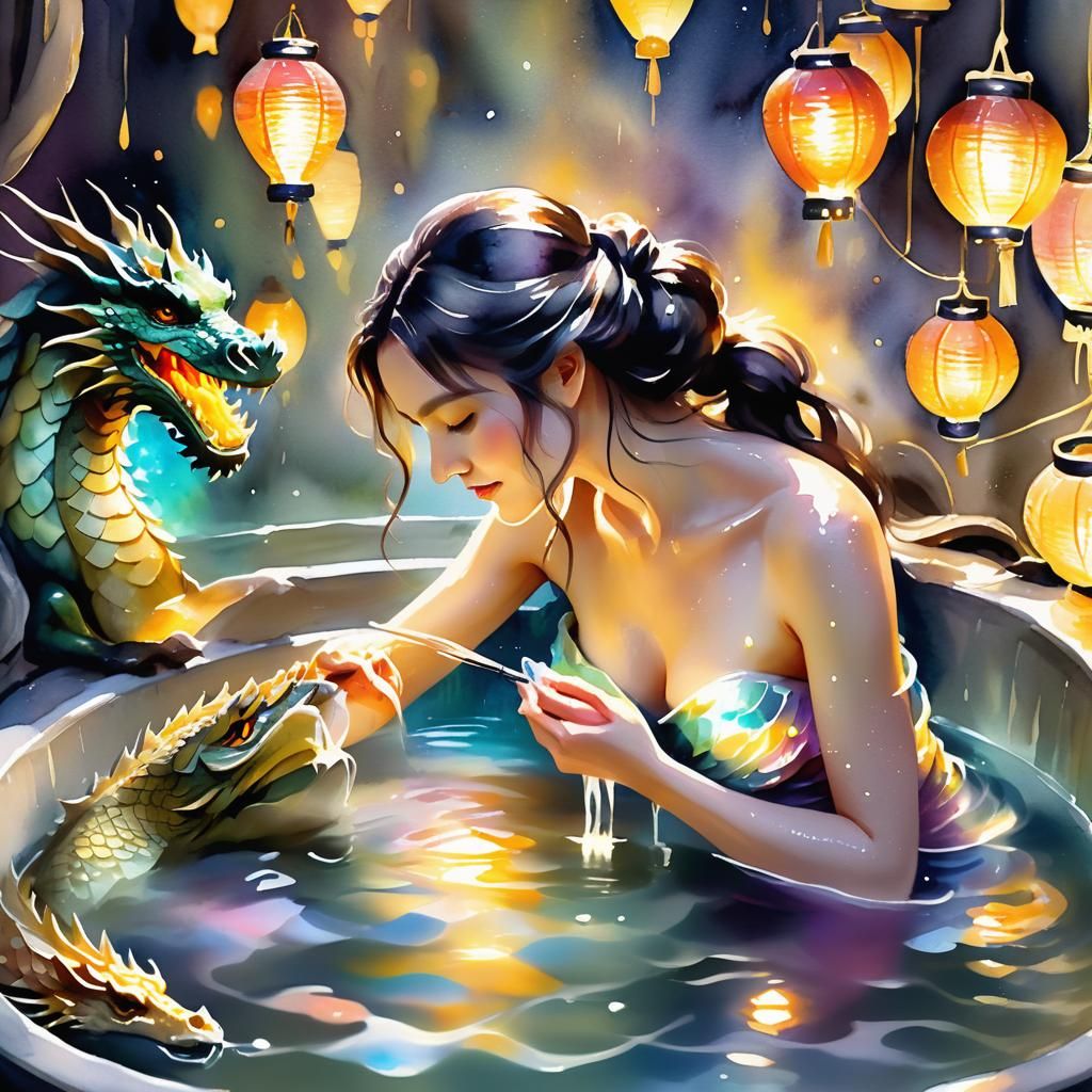 Woman Washes Luminous Dragon Scales: Watercolor Art