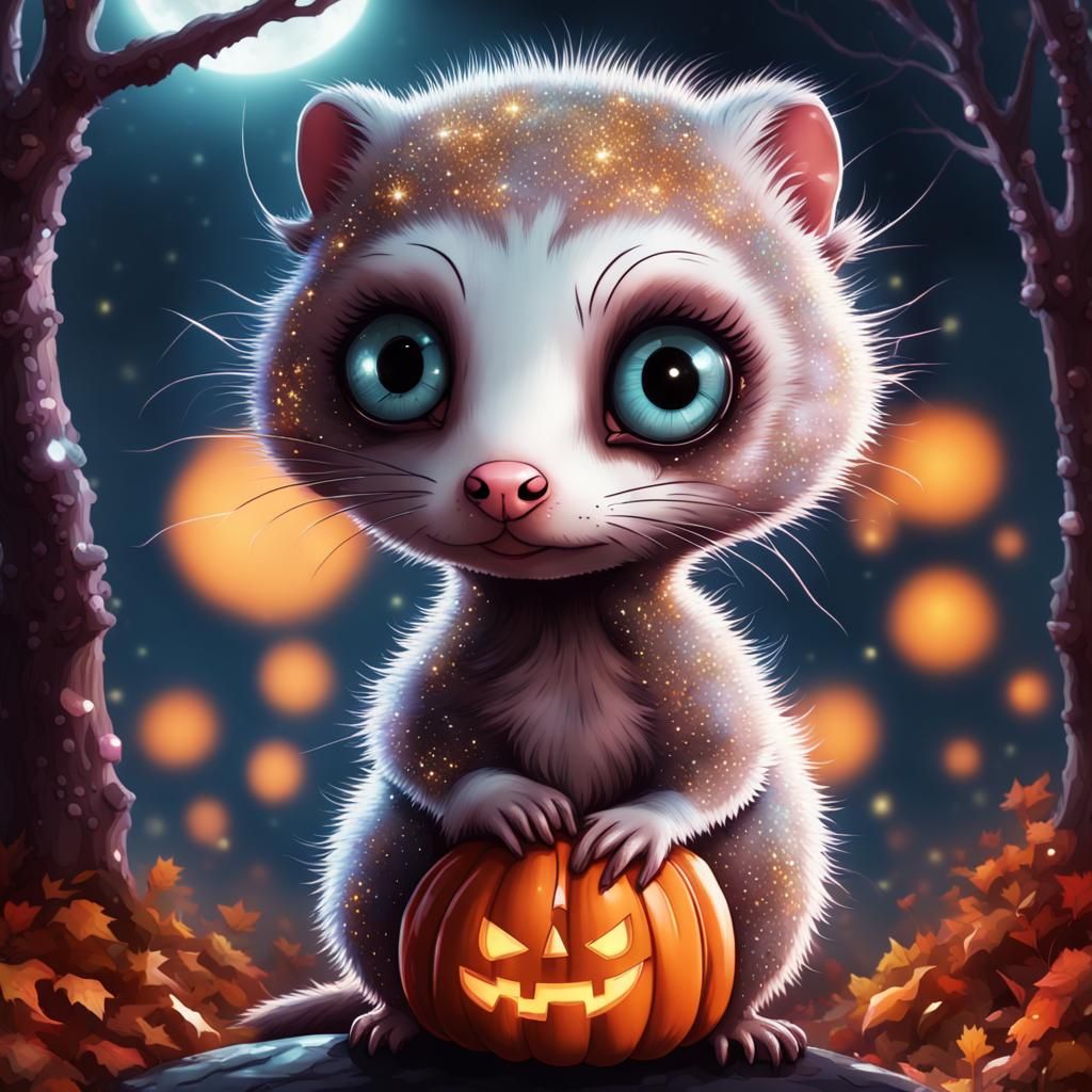 Halloween Ferret in Autumn Fairycore Landscape