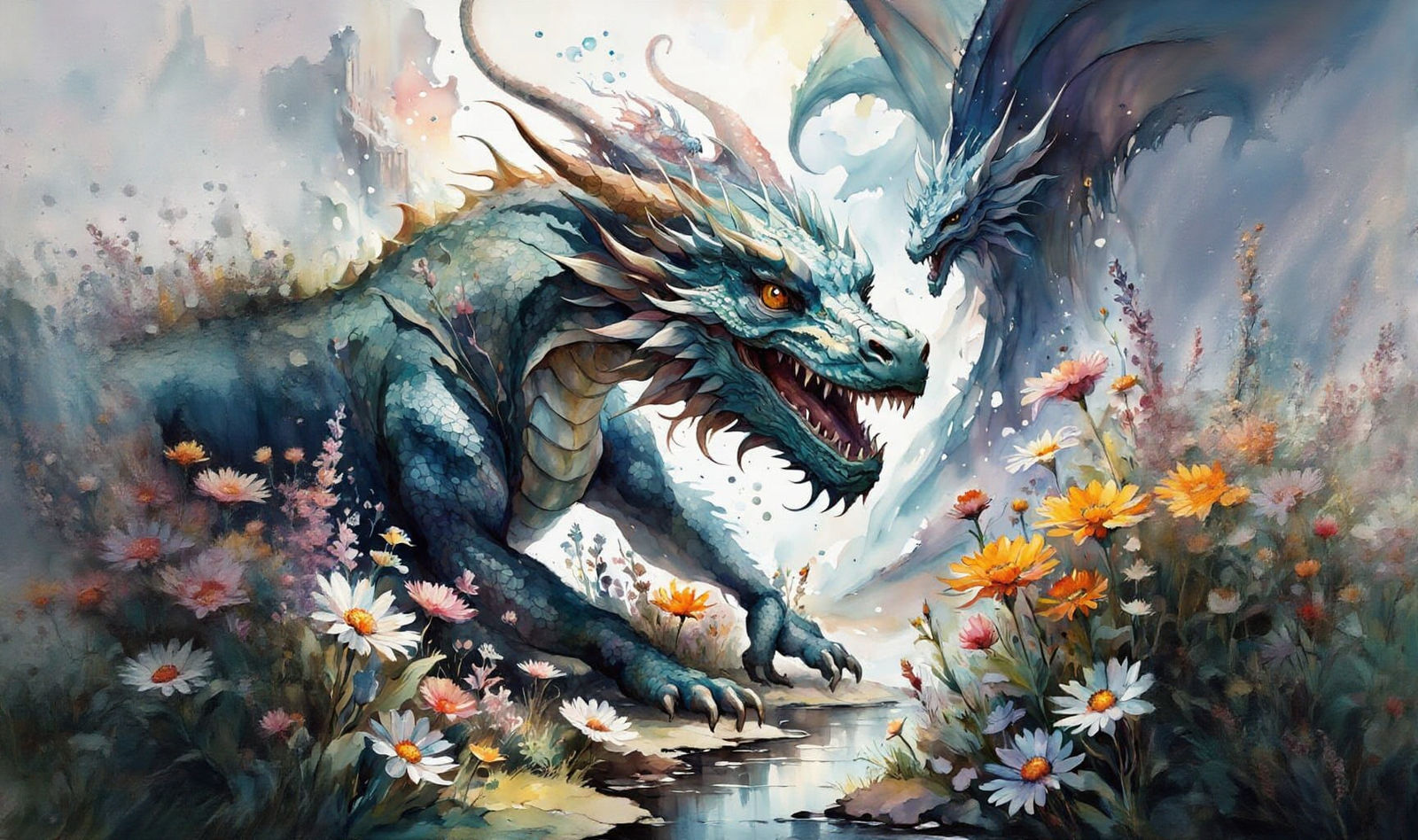 Dragon and Mouse in Watercolor Landscape