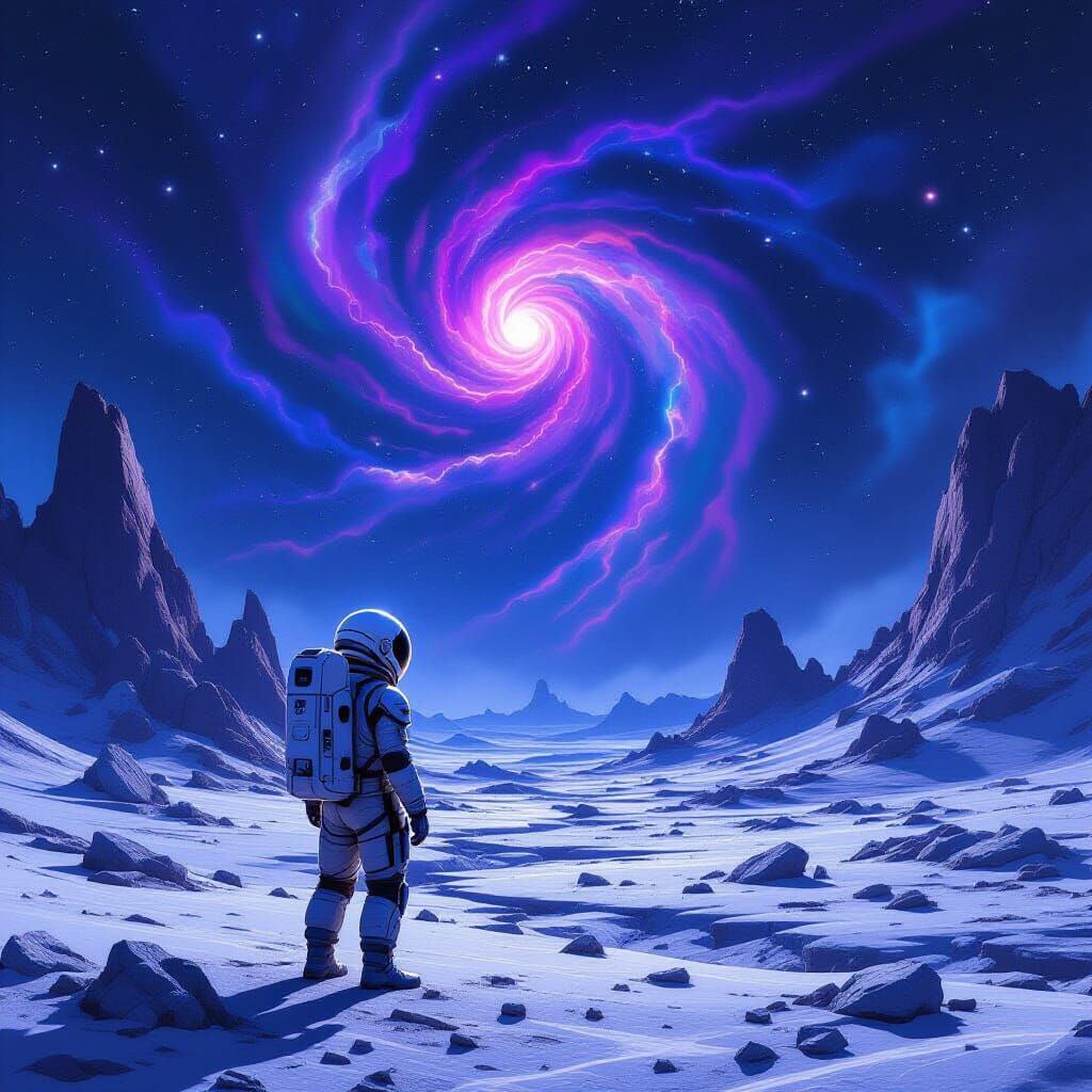 Astronaut Gazes at Nebula on Alien Planet