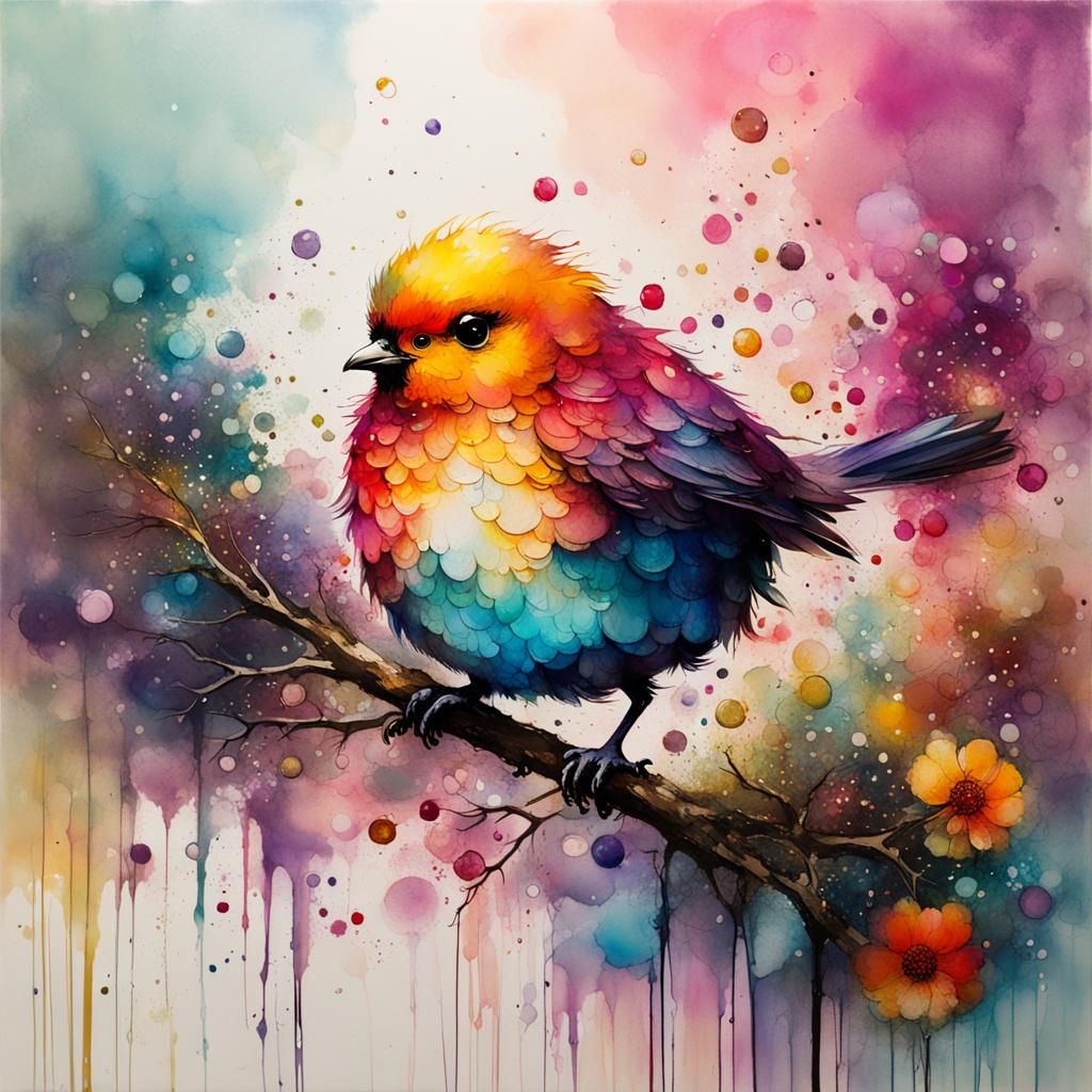 Colorful Bird in Garden Sunset, Alcohol Ink Style