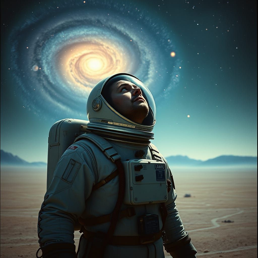 Astronaut on Alien Planet Gazing at Swirling Galaxy