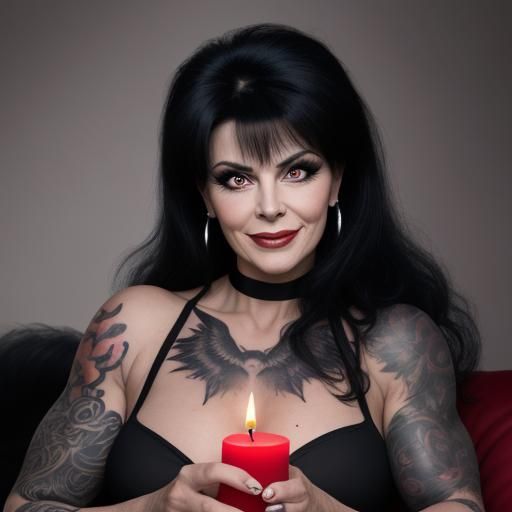 Elvira as Bodybuilder on Red Sofa