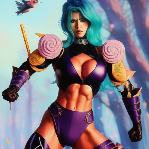 Anime Muscle Woman with Vivid Floral Accents