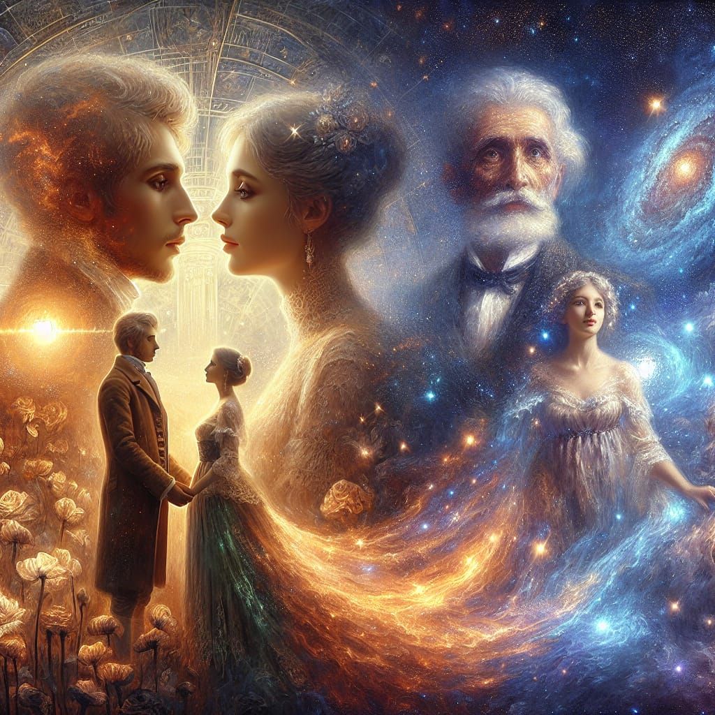 Enduring Love Through Time: A Cosmic Oil Painting