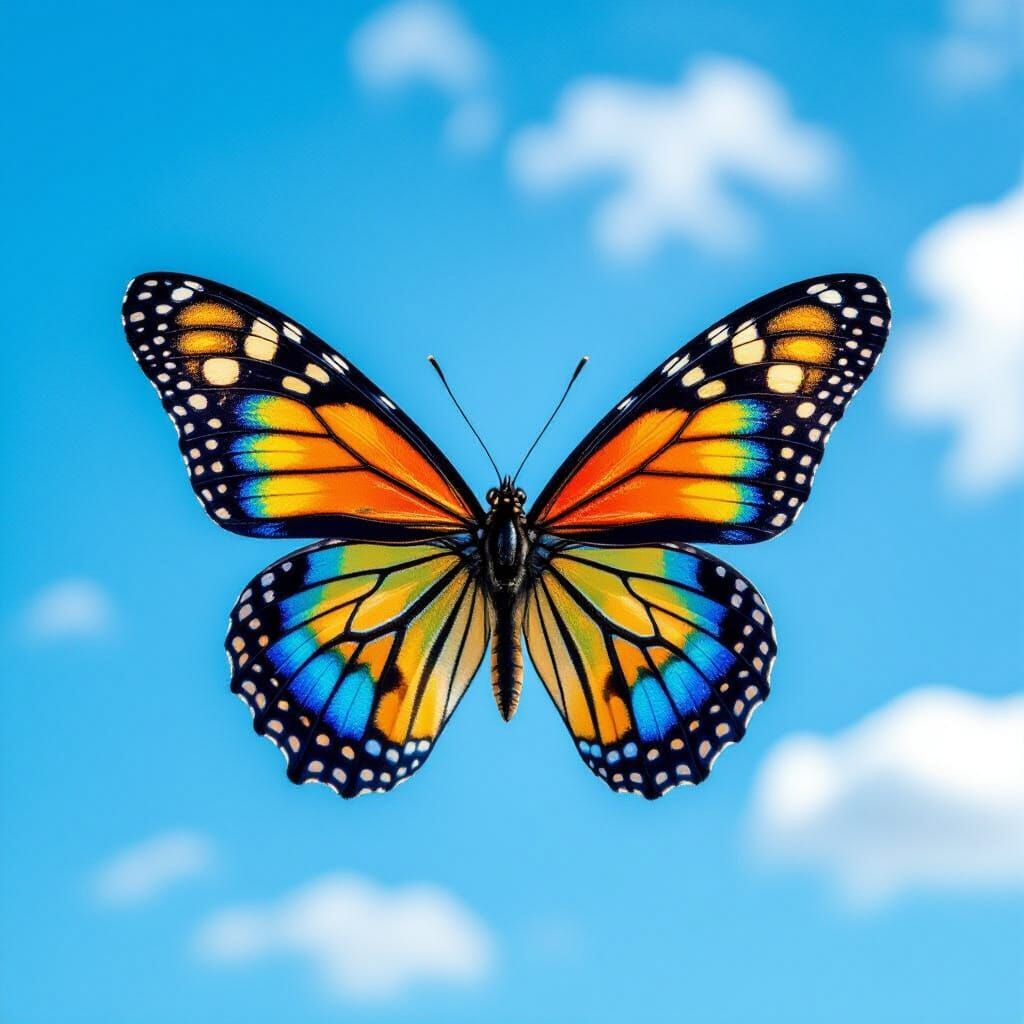 Vibrant Butterfly in Flight Against Clear Sky