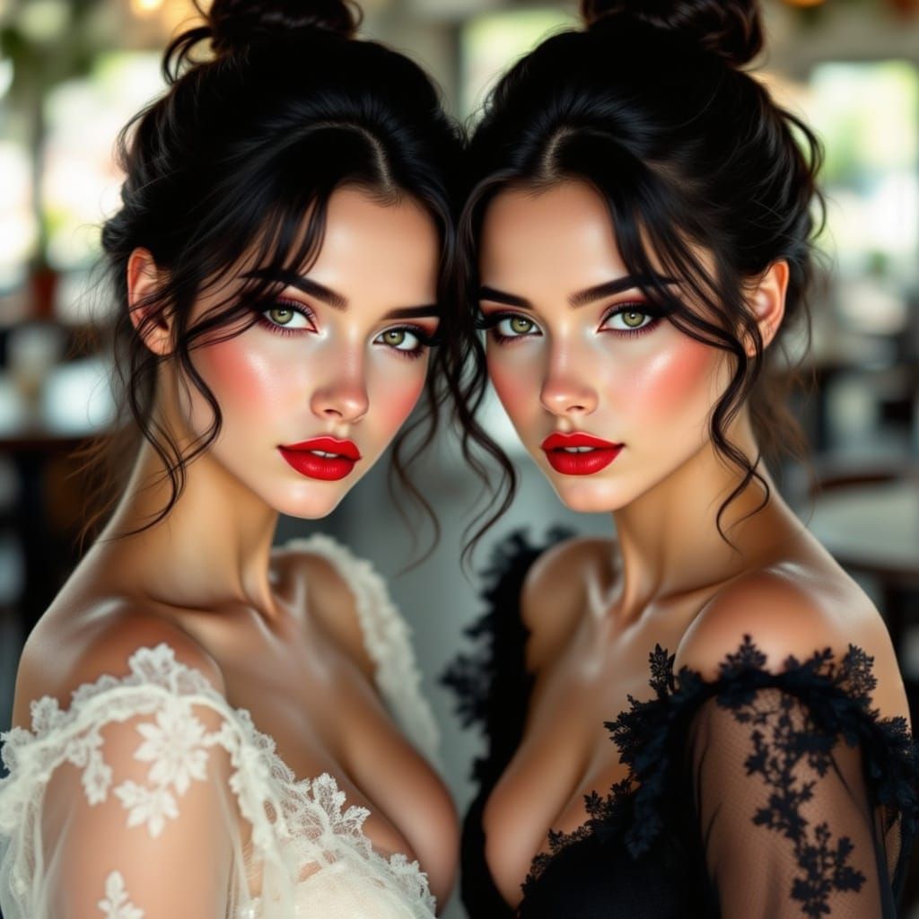 Sisters in Unison, Dressed in Daring Red Makeup