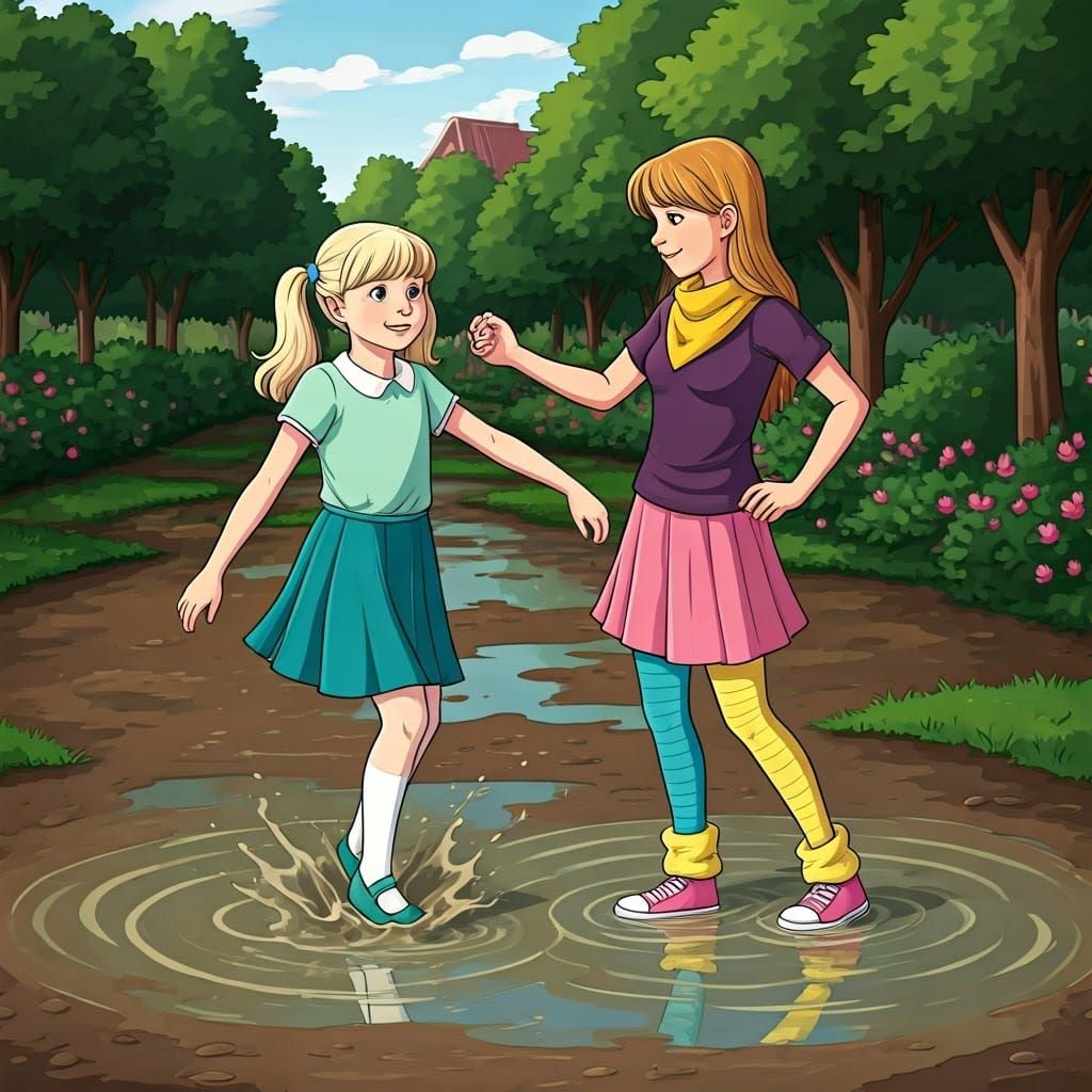 Brittany and Eleanor Dancing in a Puddle