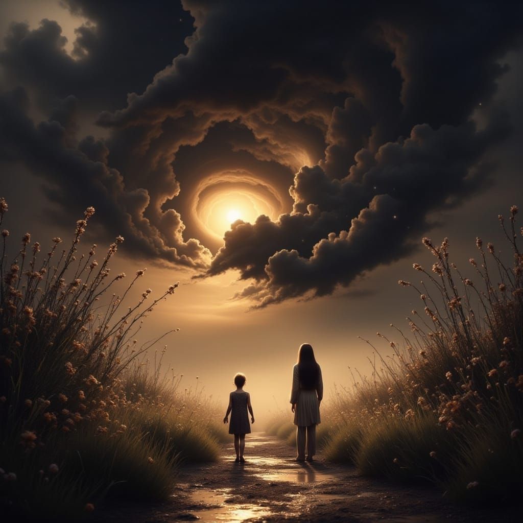 Surreal Oil Painting of Merging Dark and Light Realities