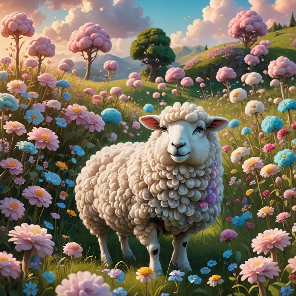 Fluffy Sheep in Magical Meadow: Fantasy Concept Art
