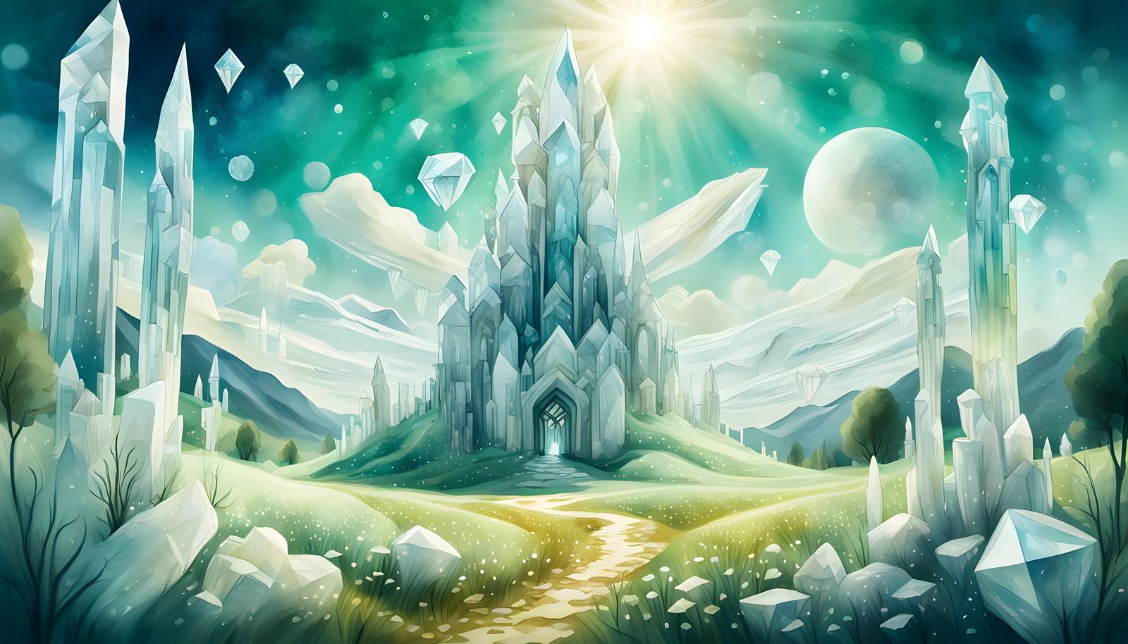 Surreal Landscape of Emerald Meadow and Selenite Tower