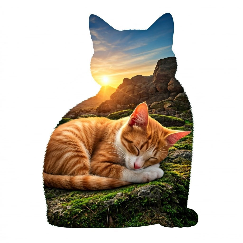 Double exposure: silhouette of a cat with a sleeping cat ins...