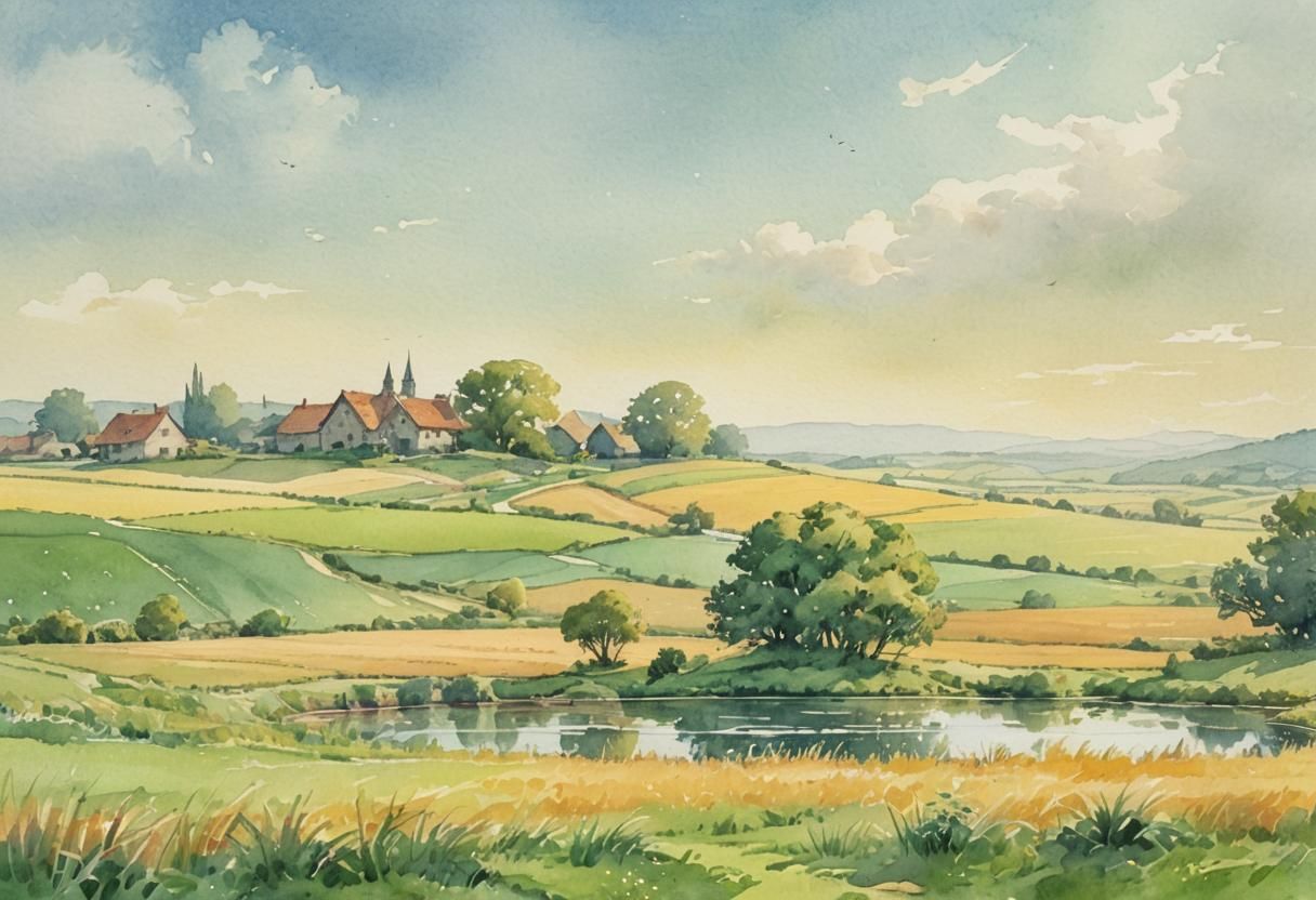 Idyllic Village Landscape in Watercolor Comic Art