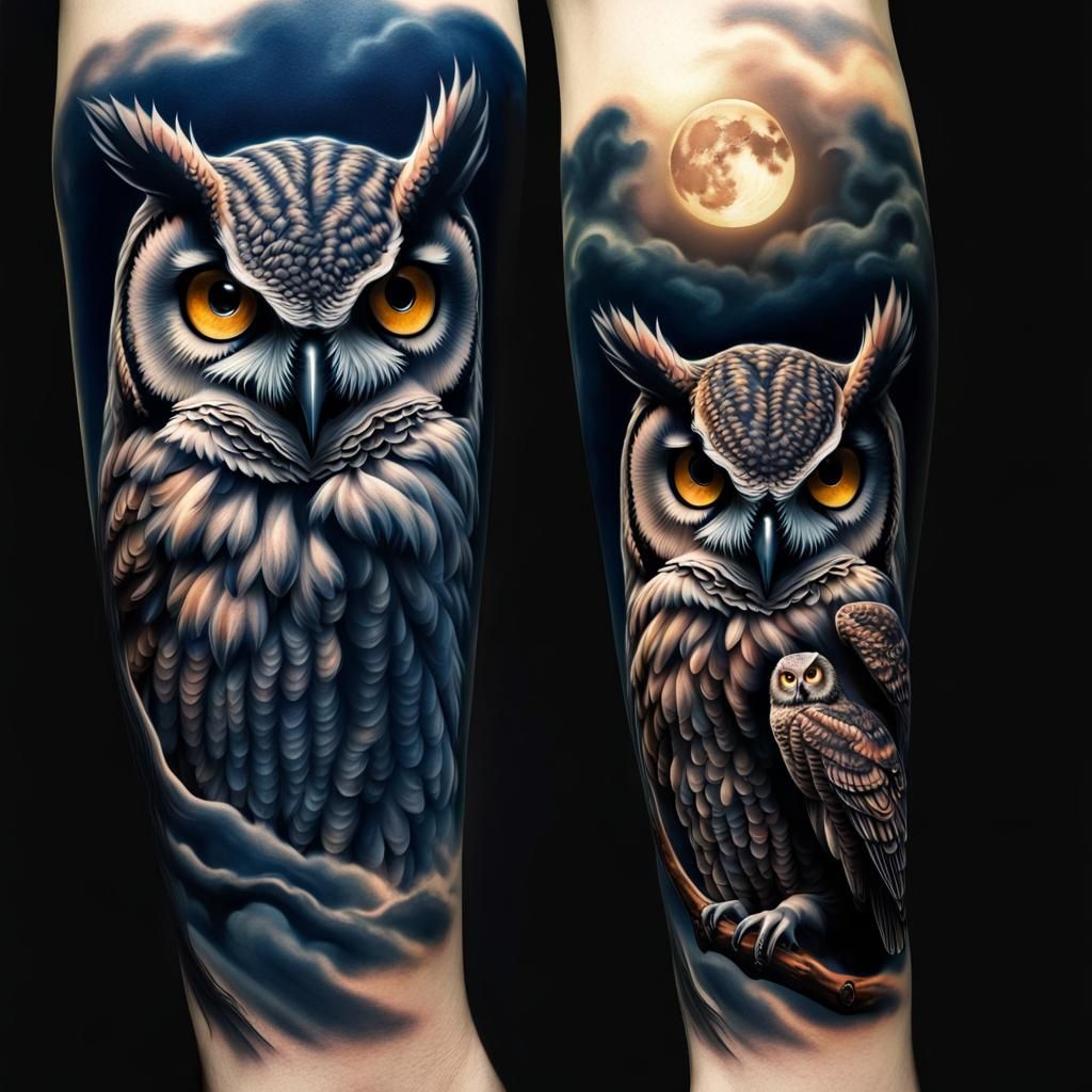 Great Horned Owl Tattoo Design: Photorealistic Half Sleeve