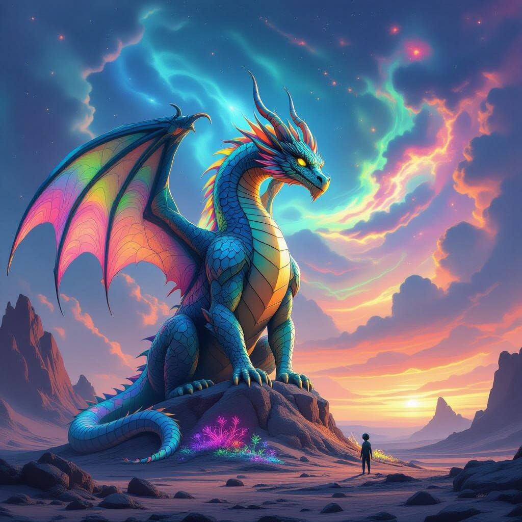 Ancient Dragon Statue on Alien Planet in CGI Cartoon Style