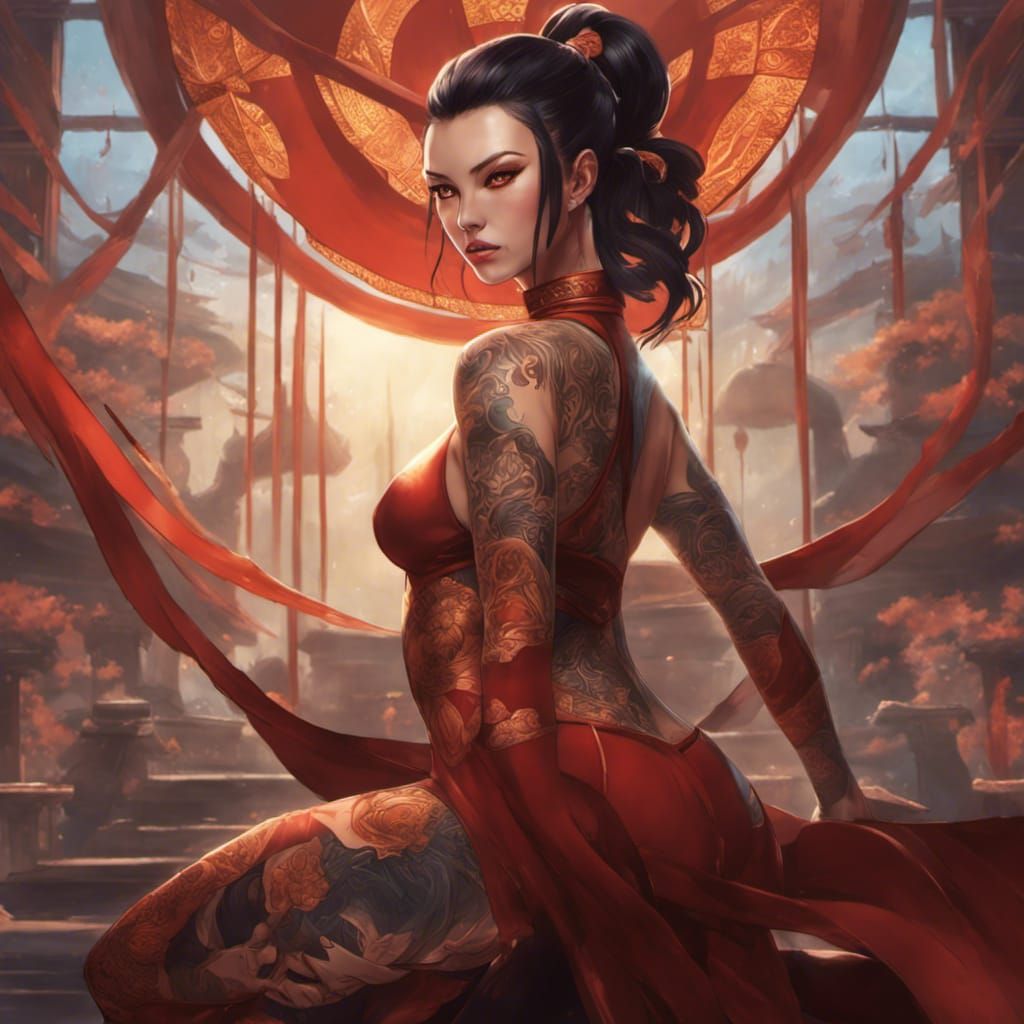 Voluptuous Tattooed Woman: Detailed Digital Render