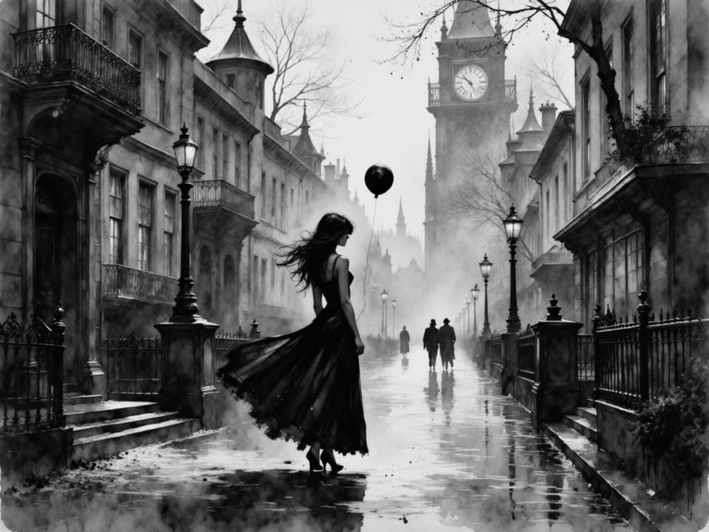 Solitary Woman with Black Balloon in Rainy City