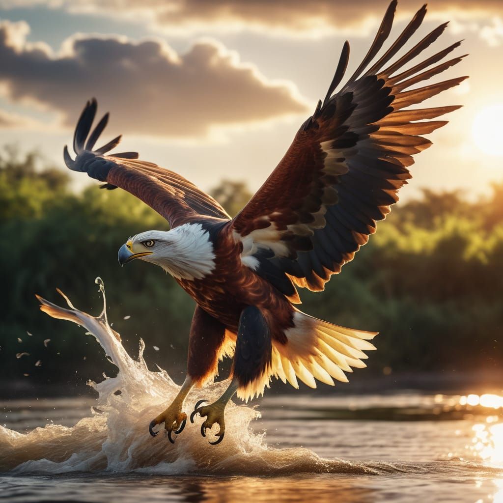 African Fish Eagle Hunting in Golden Light