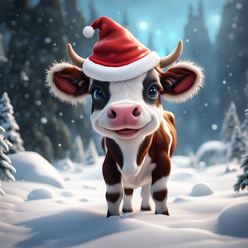 Adorable Christmas Cow in Snow, Detailed Matte Painting
