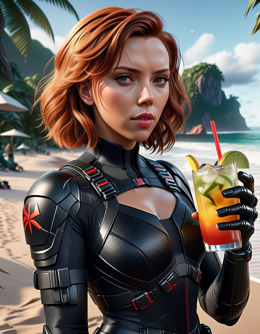 Black Widow at Tropical Beach Party, Hyperrealistic