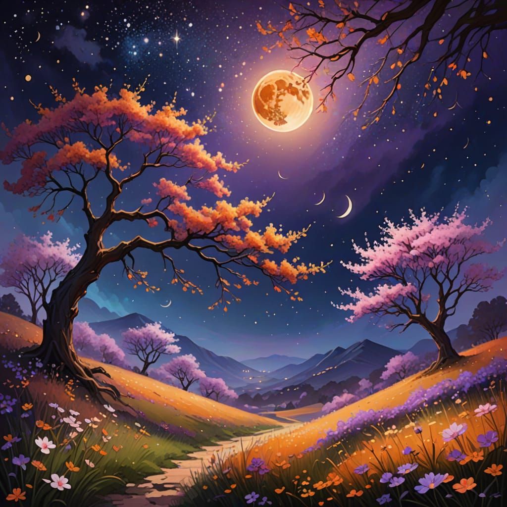 Enchanted Night Blooms Under Crescent Moon