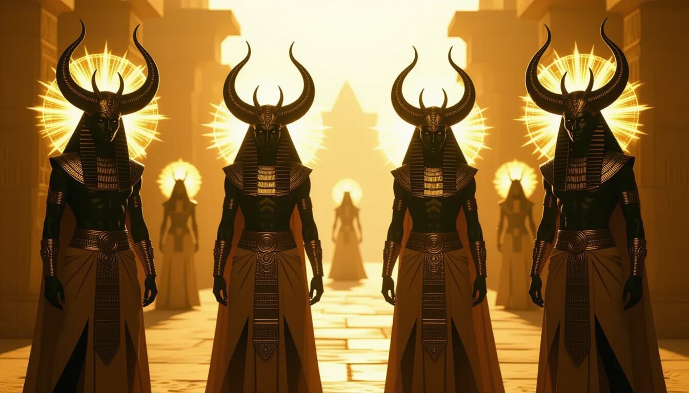 Anunnaki Aliens with Horned Caps and Glowing Auras