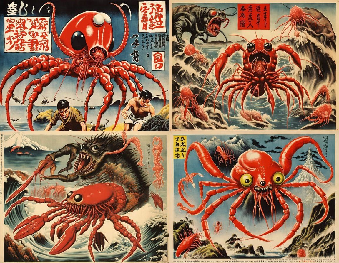 Grotesque Ebi Rah Hybrid Monster Attacks in a 1960s Japanese...
